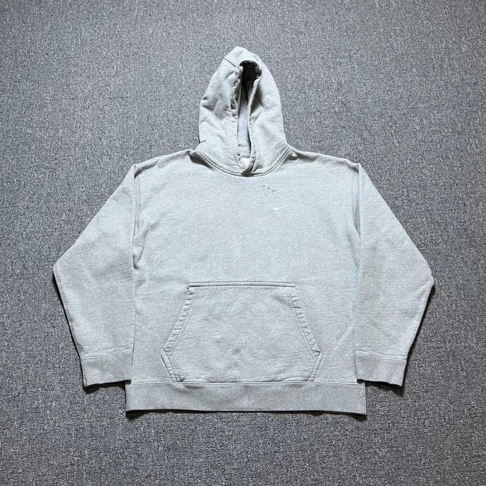 Y2K Nike Hoodie Size L Gray Embroidered Swoosh Fleece Pullover CV0552-063
